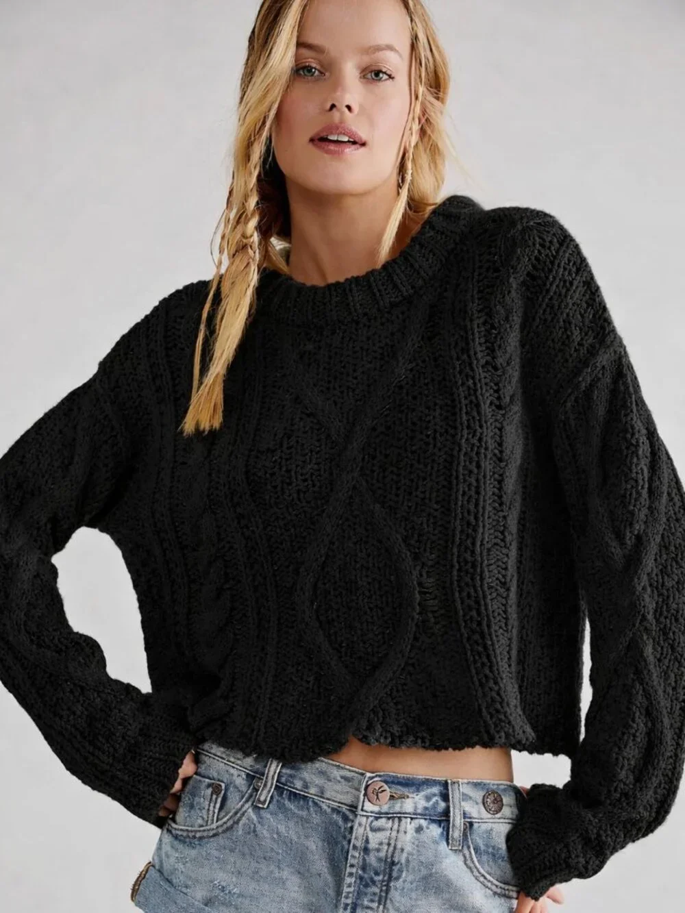 Free People Cutting Edge Cable Knit Cropped Sweater 100% Cotton in Black Size XS